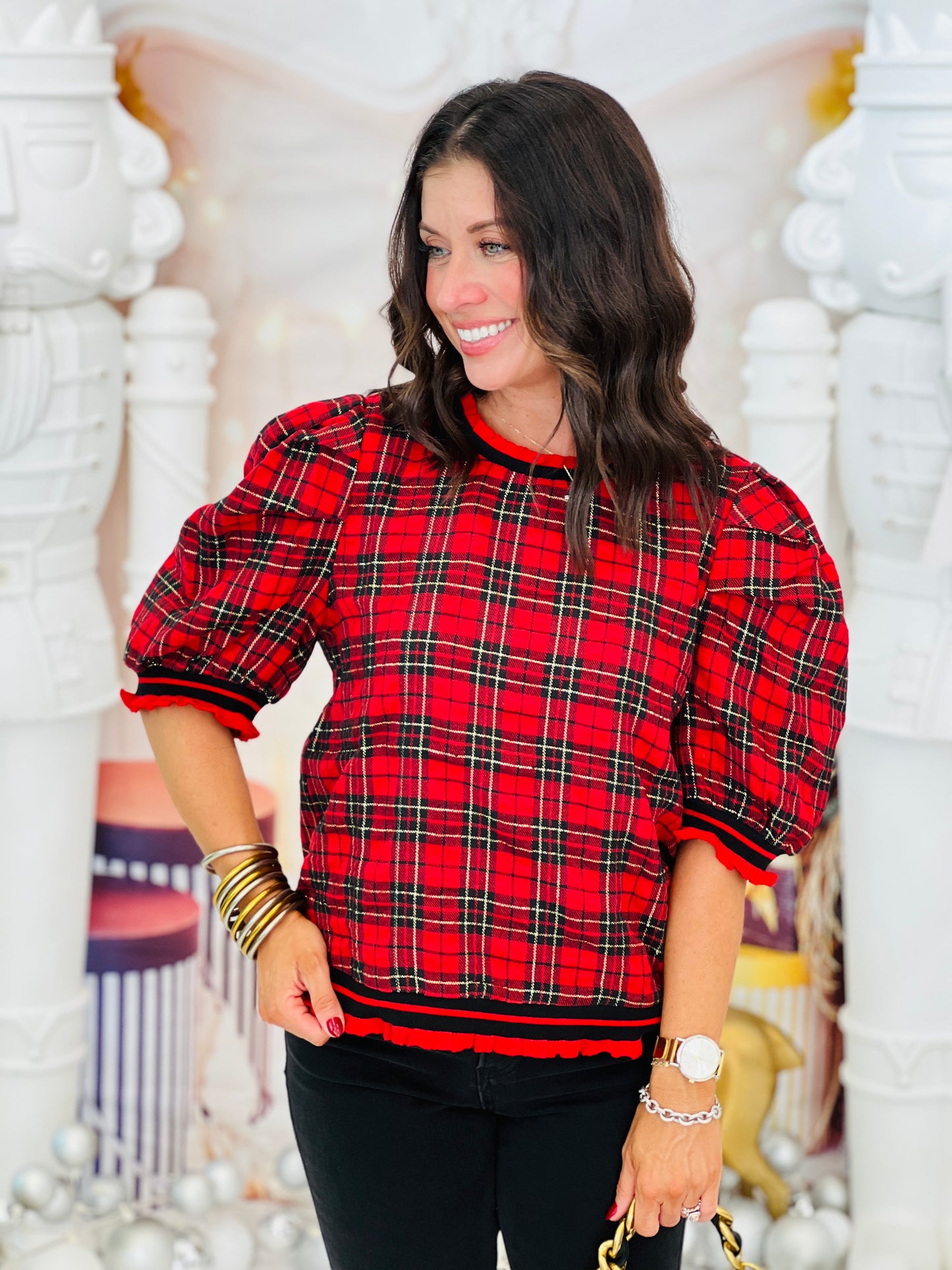 Red Plaid Ruffle Trim Top (Reg & Plus)
