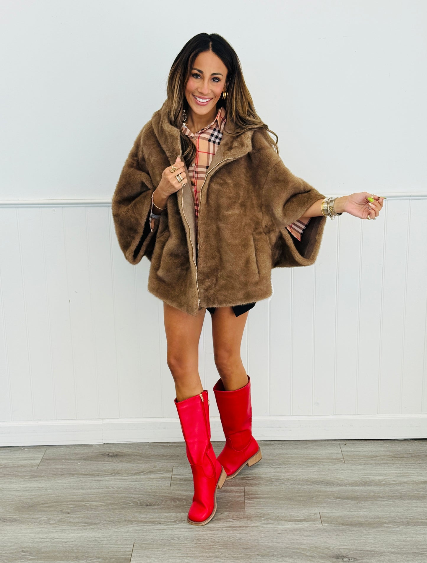 Camel Faux Fur Hooded Jacket (OS)