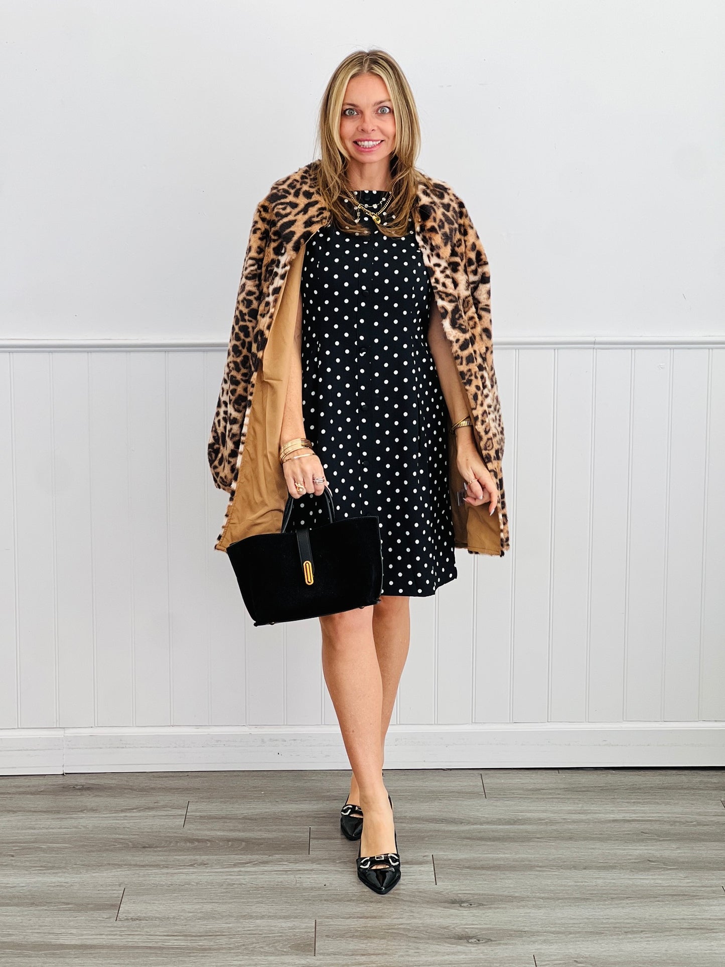 Black/Ivory Sleeveless Polka Dot Mini Dress (Reg & Plus)