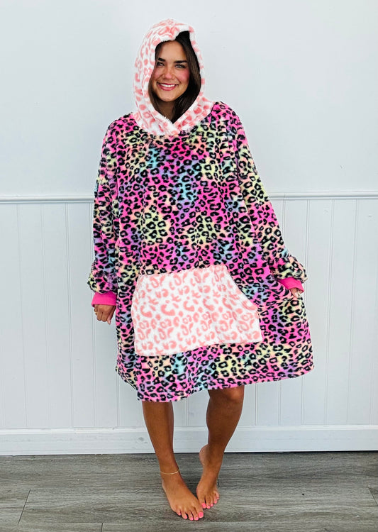 Colorful Leopard Wildly Cozy Print Hoodie Dress (Reg and Plus)