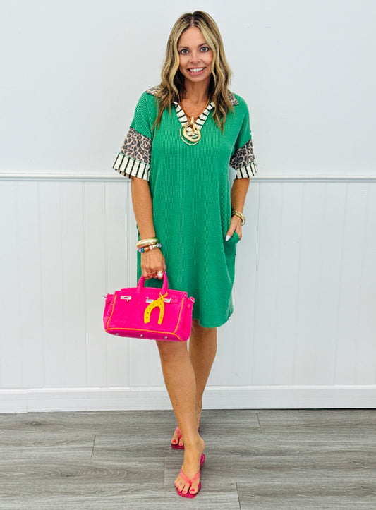 Kelly Green Contrast V-Neck Mini Dress (Reg. and Plus)