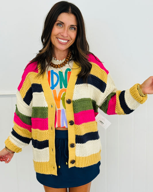Mustard Multi Chunky Striped Sweater Cardigan (Reg & Plus)