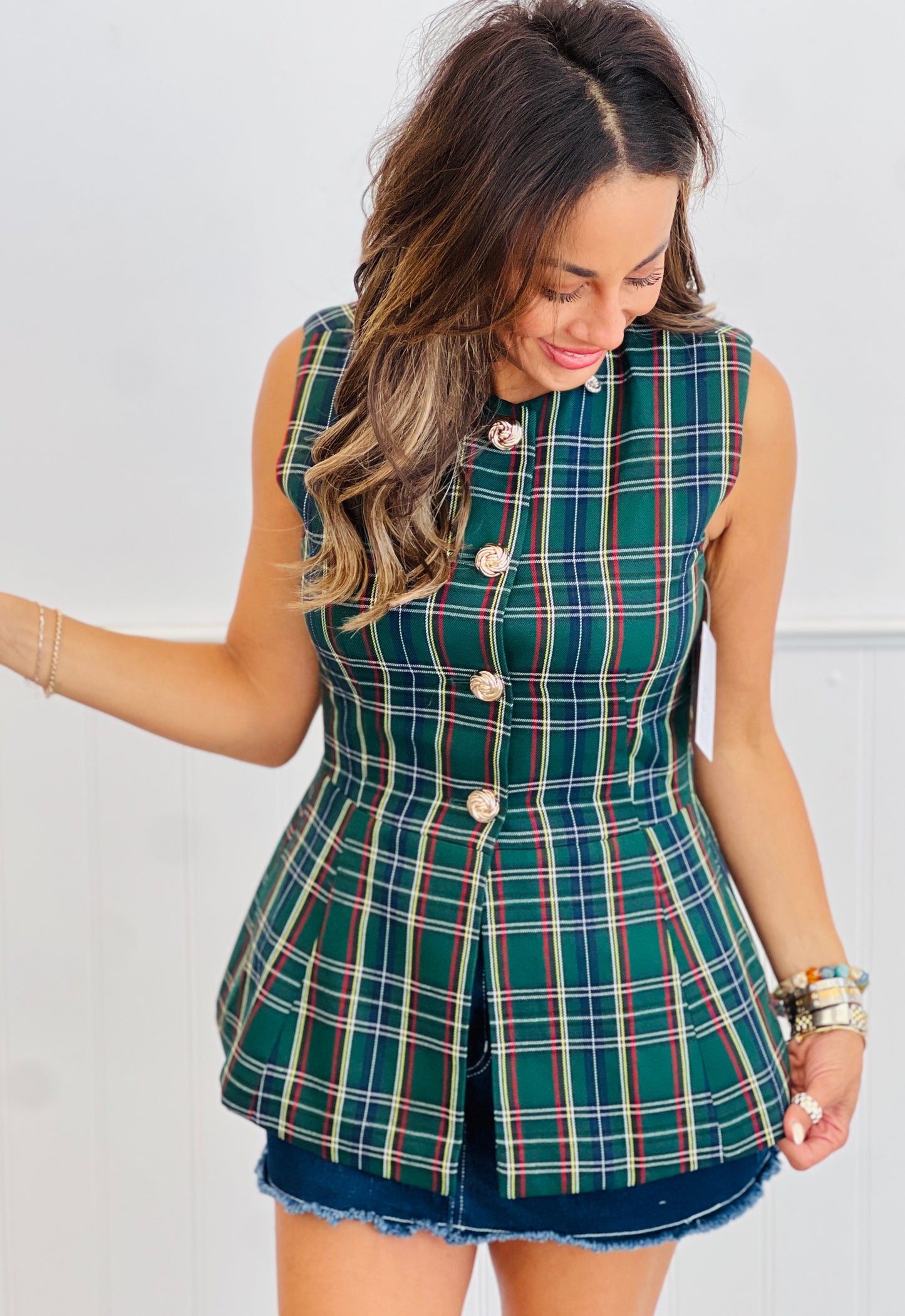 Plaid Button Up Vest Top (Reg.)-2 Colors