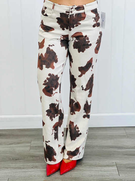 Cream/Brown Cow Print Mid Rise Pants (Reg.)