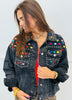 Black Denim Studded Jewels Button Up Jacket (Reg. and Plus)