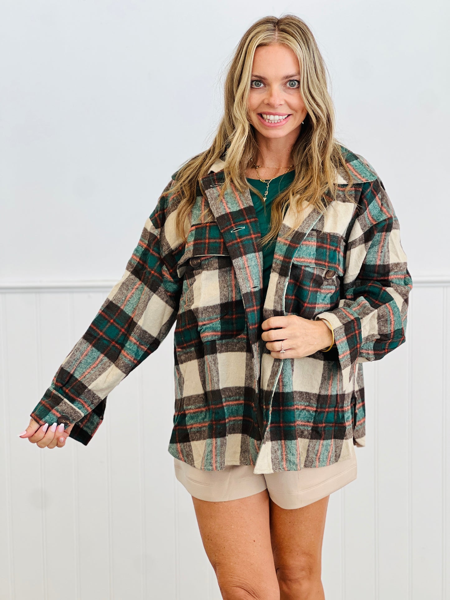 Brushed Plaid Button Down Shacket (Reg.) - 2 Colors