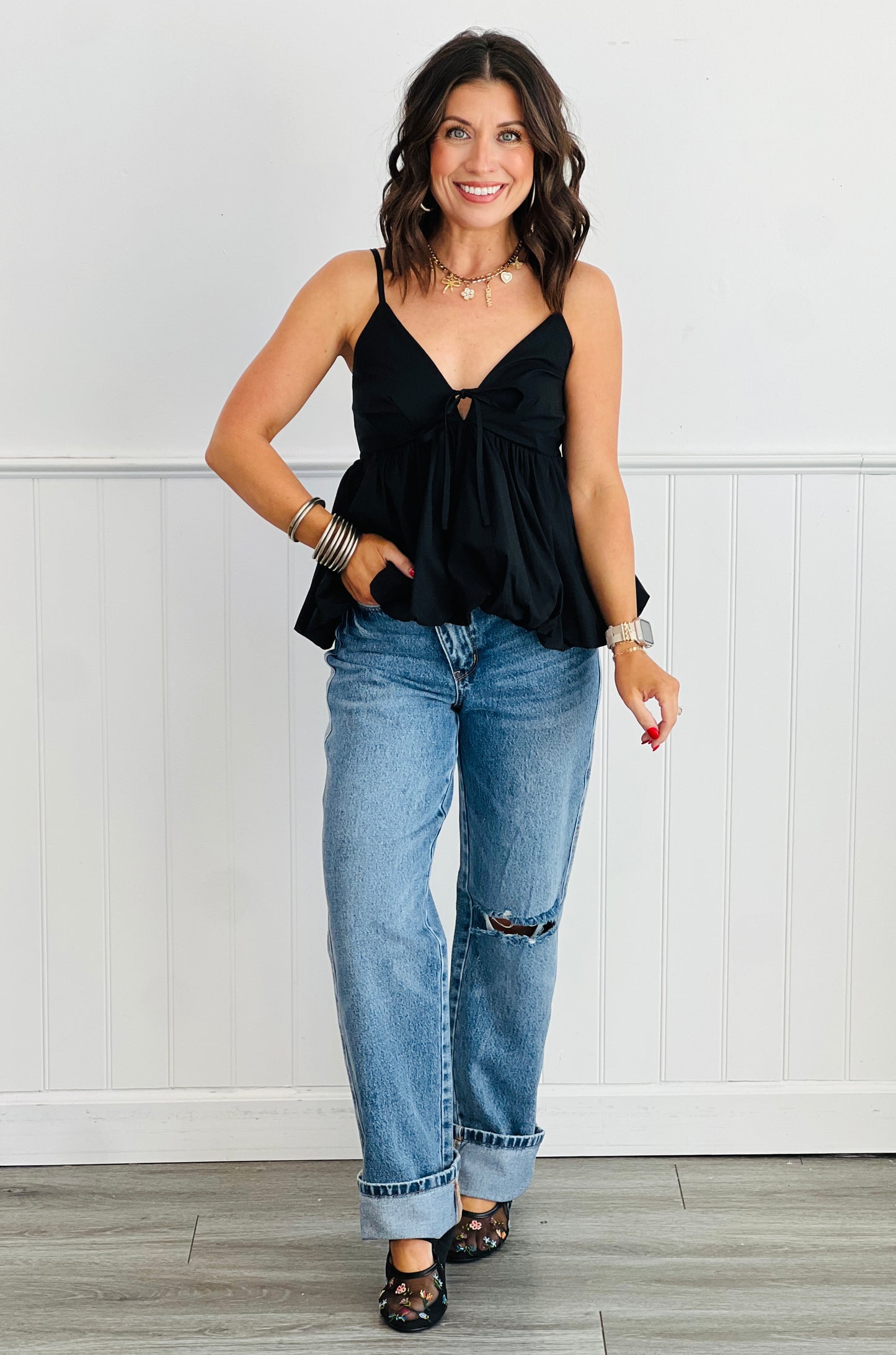 Plunging Bubble Hem Cami Top (Reg)-2 Colors