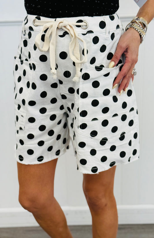 White Black Polka Dot Drawstring Shorts (Reg. and Plus)