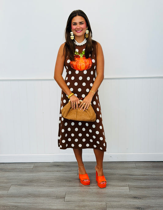 Queen Of Sparkles Brown Polka Dot Pumpkin Midi Tank Dress (Reg. and Plus)