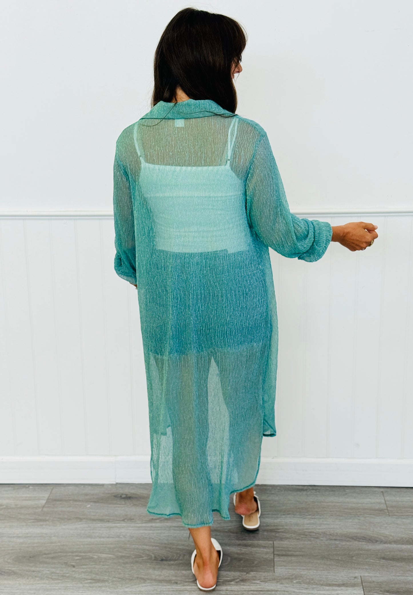 Blue/Yellow Shimmer Sheer Longline Top (Reg. and Plus)