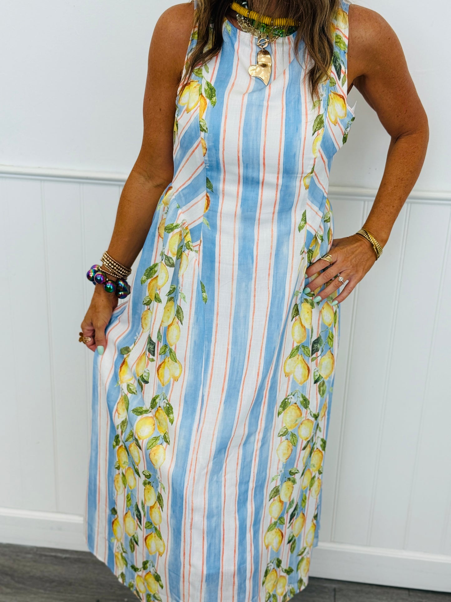 Blue Striped Lemon Print Midi Dress (Reg. and Plus)