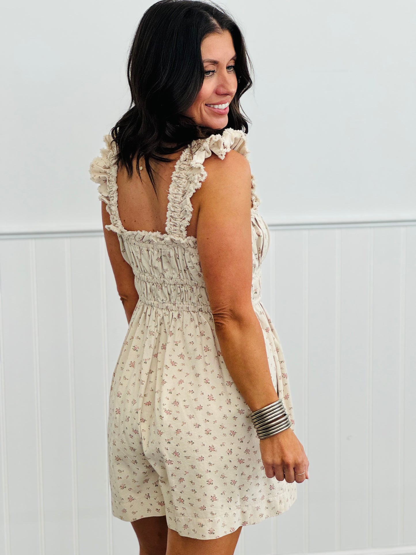 Beige Floral Print Washed Denim Romper (Reg)