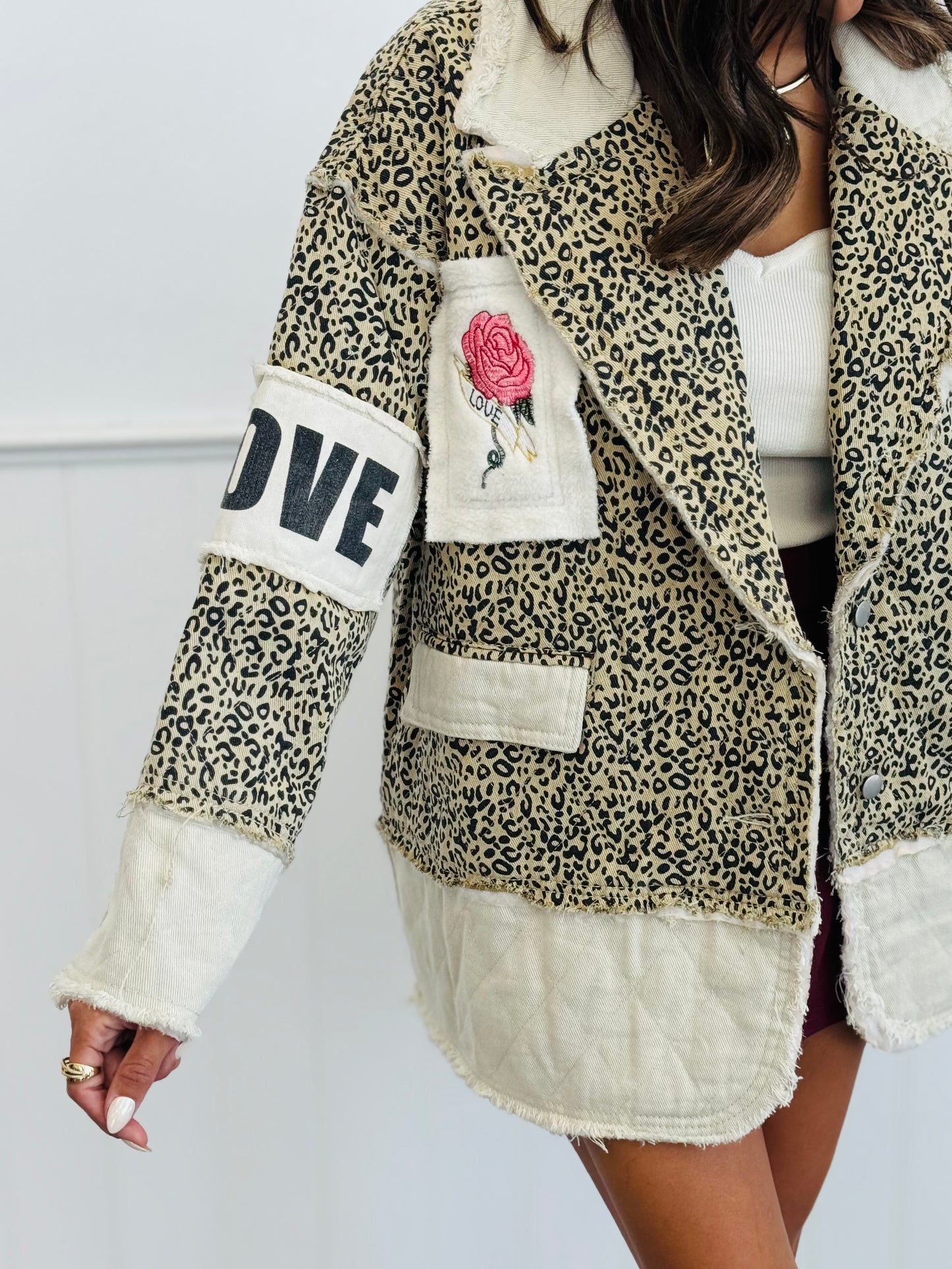 POL Tan Leopard Color Block Embroidered Heart Patch Jacket (Reg.)