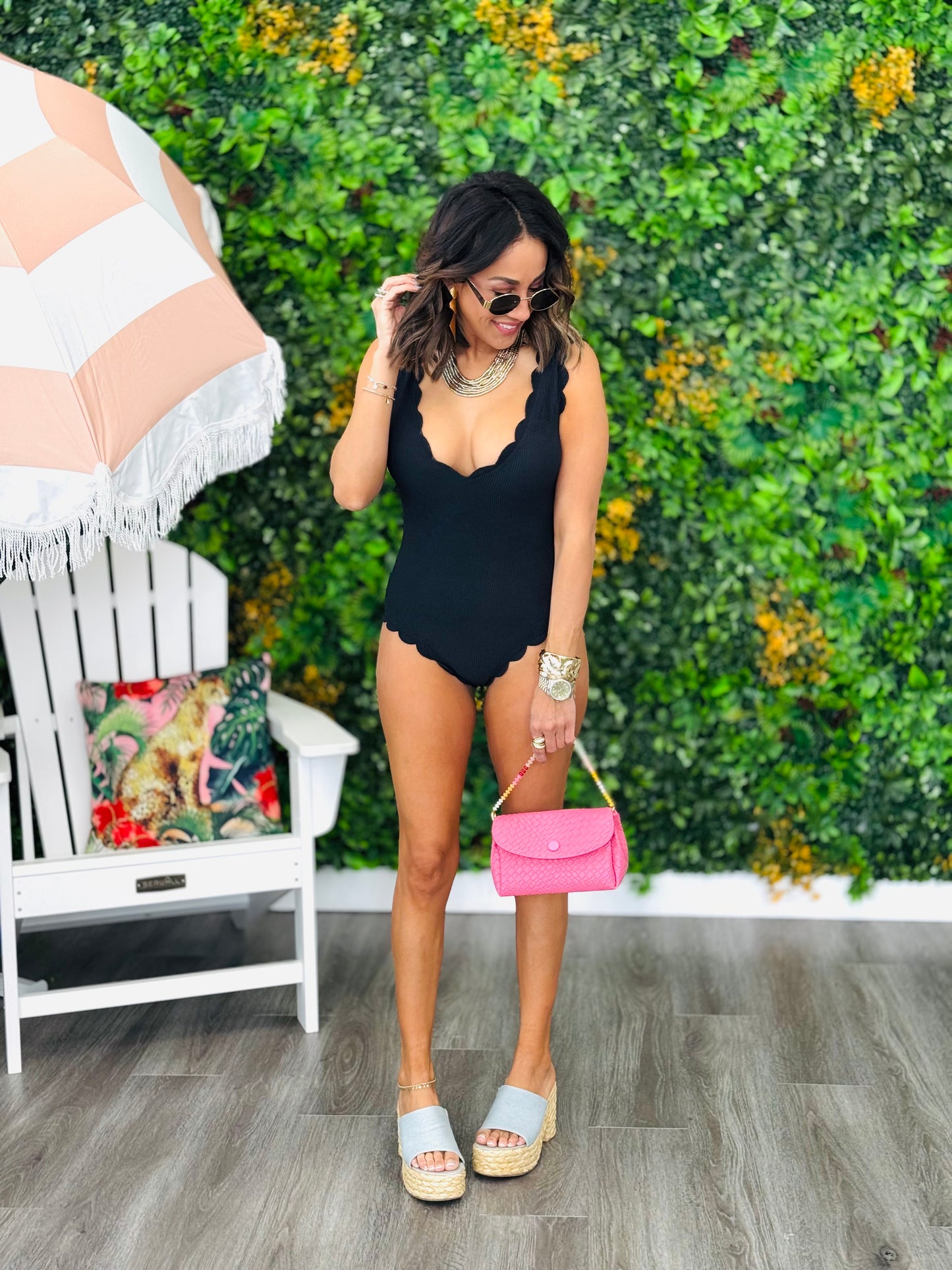 Black Scalloped Trim One Piece Swimsuit (Reg.)