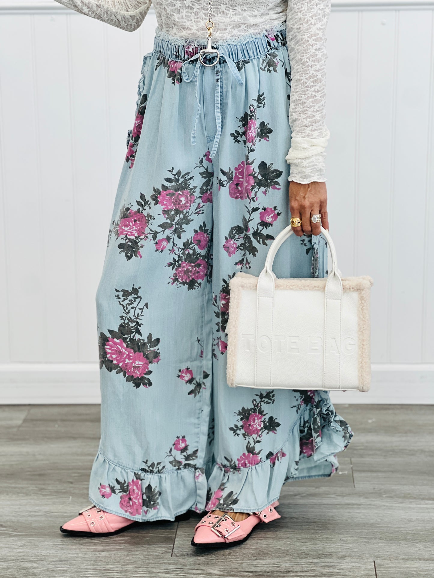 Chambray Flower Child Ruffled Pants (Reg & Plus)-2 Colors