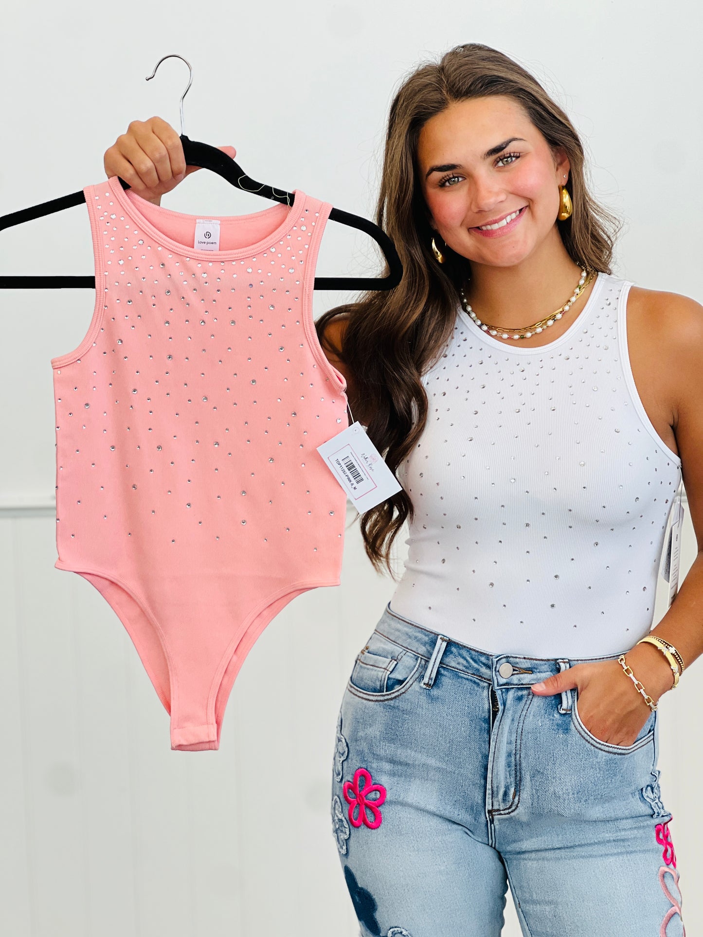 Rhinestone Embellished Sleeveless Bodysuit (Reg)- 2 Colors