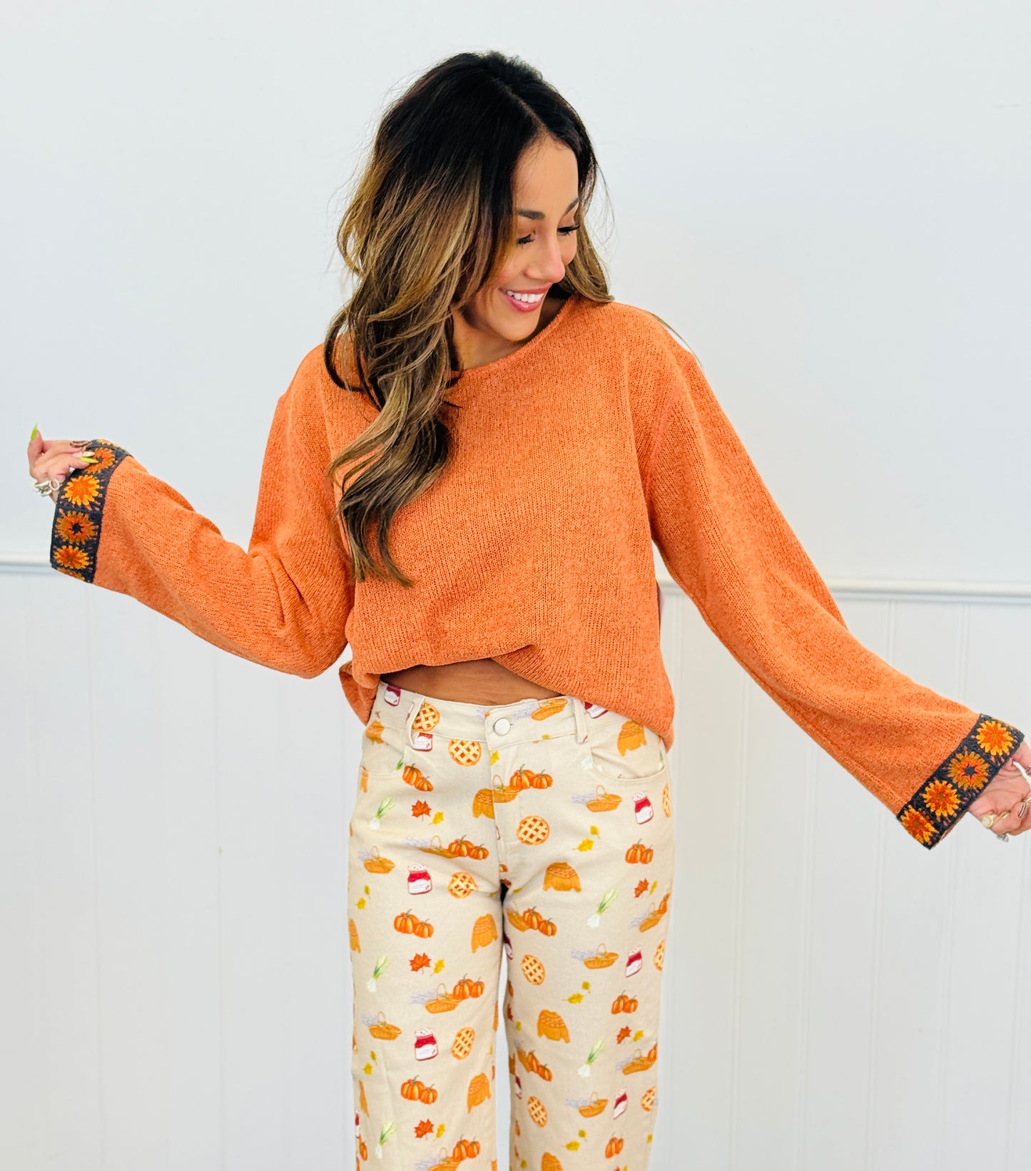 Burnt Orange Boho Bloom Knit Top (Reg)