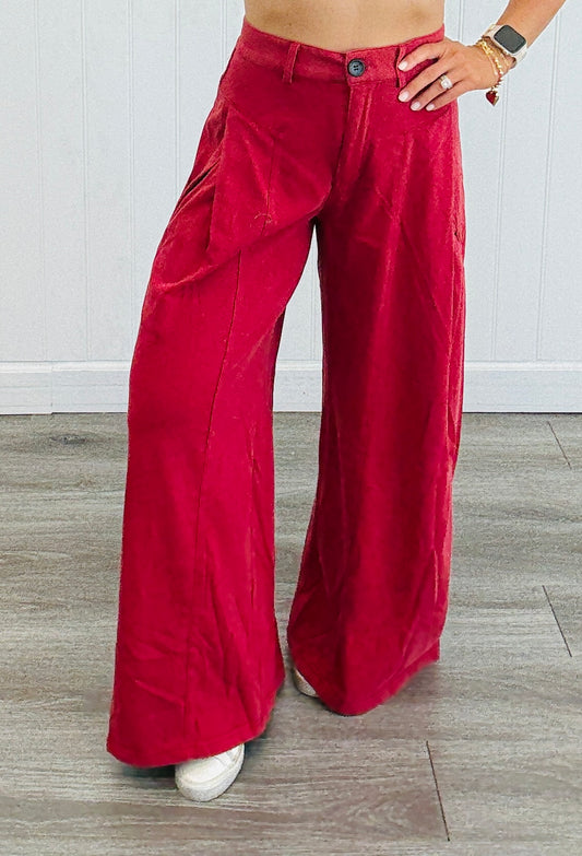 Wine High Waisted Wide Leg Pants (Reg. and Plus)