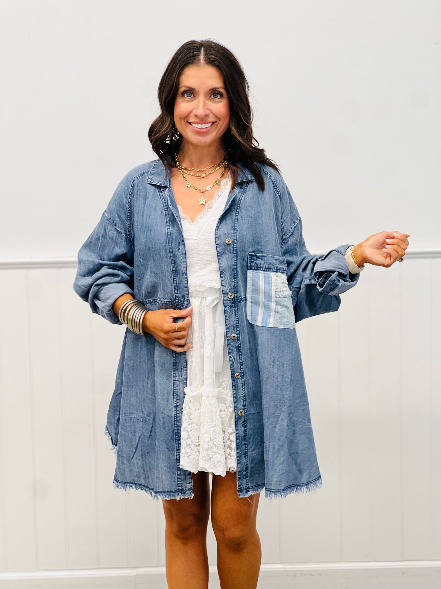 Dark Denim Patchwork Embrace Shirt (Reg & Plus)