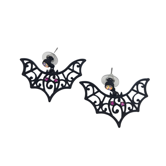 Black Jeweled Filigree Bat Earrings