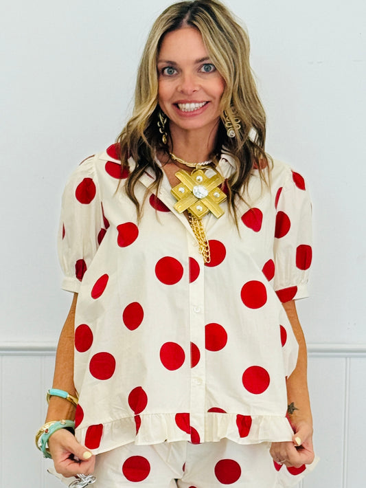 Red Polka Dot Puff Sleeve Blouse (Reg.