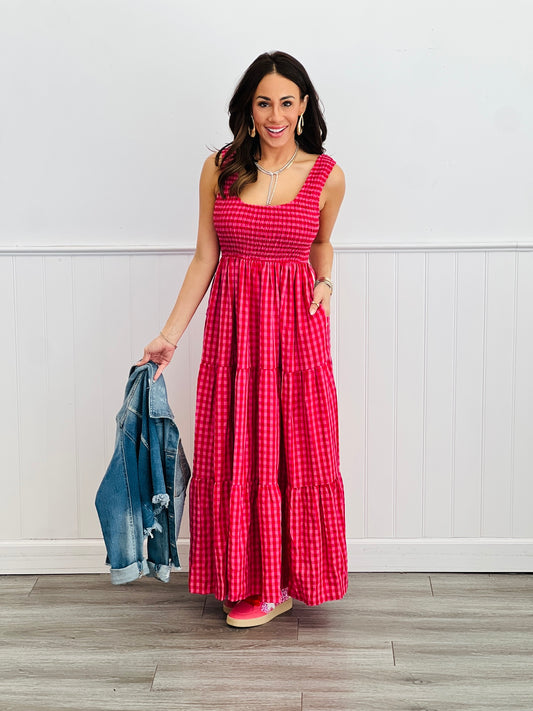 Fuchsia Multi Gingham Tiered Maxi Dress (Reg & Plus)