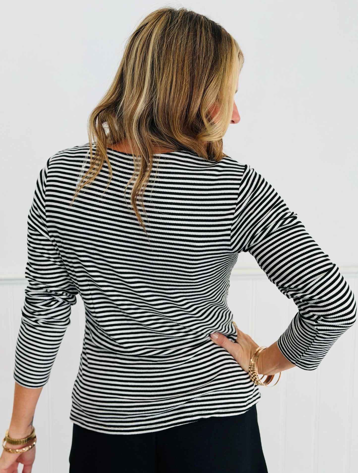 Black/White Striped Square Neck Top (Reg. and Plus)