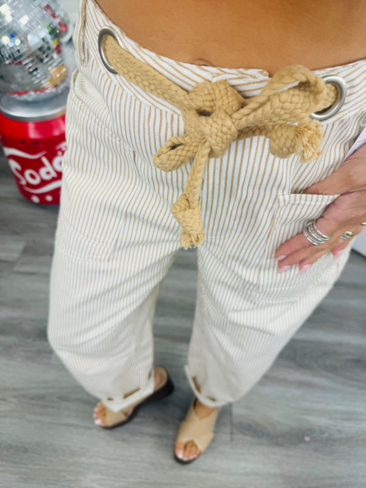 Taupe Striped Grommet Waist Tie Barrel Pants (Reg.)