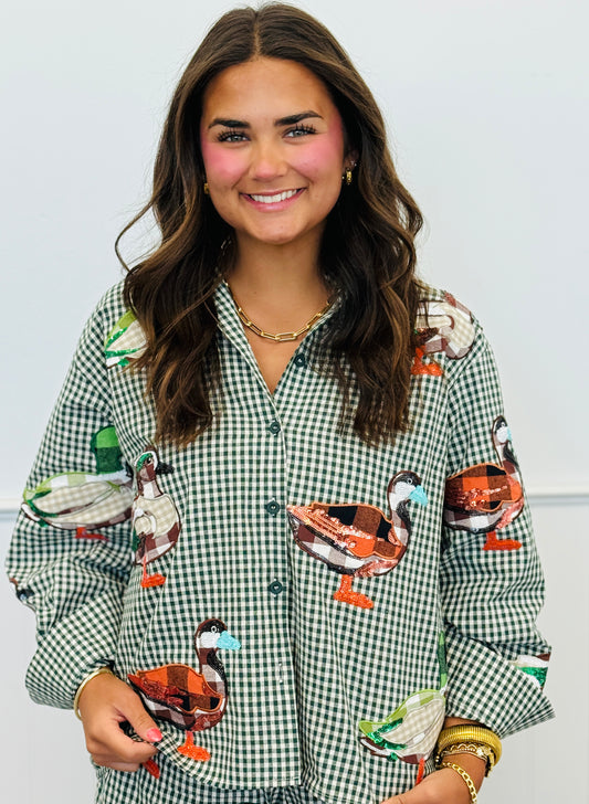 Queen Of Sparkles Green/White Gingham Duck Button Up Top (Reg. and Plus)