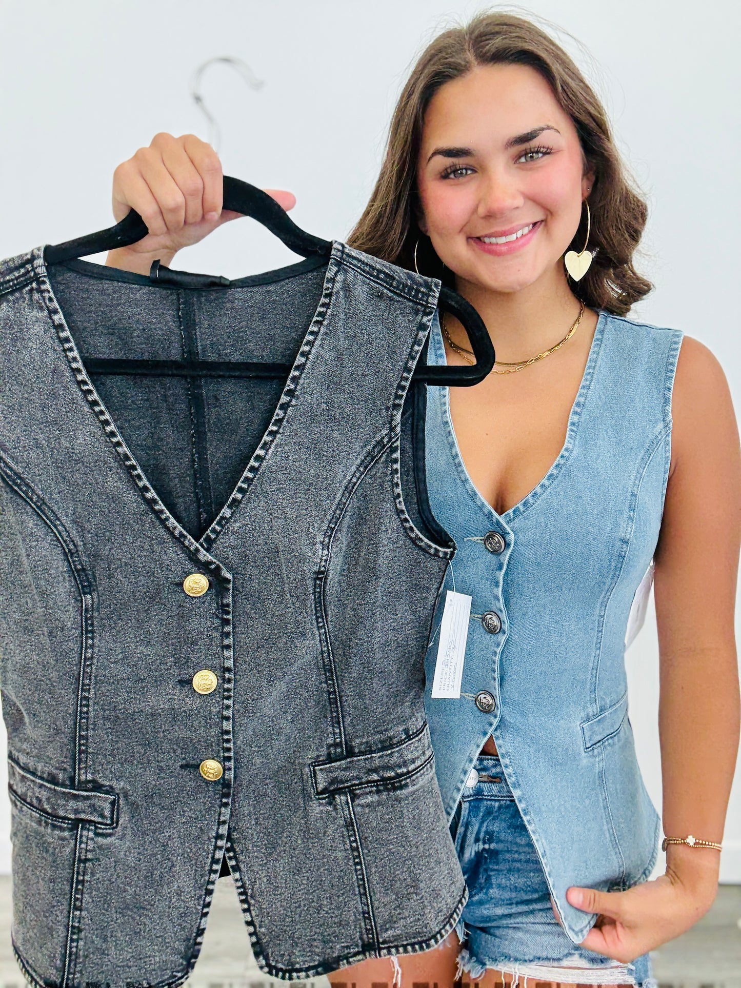 Washed Denim Button Down Vest Top (Reg.)-2 Colors
