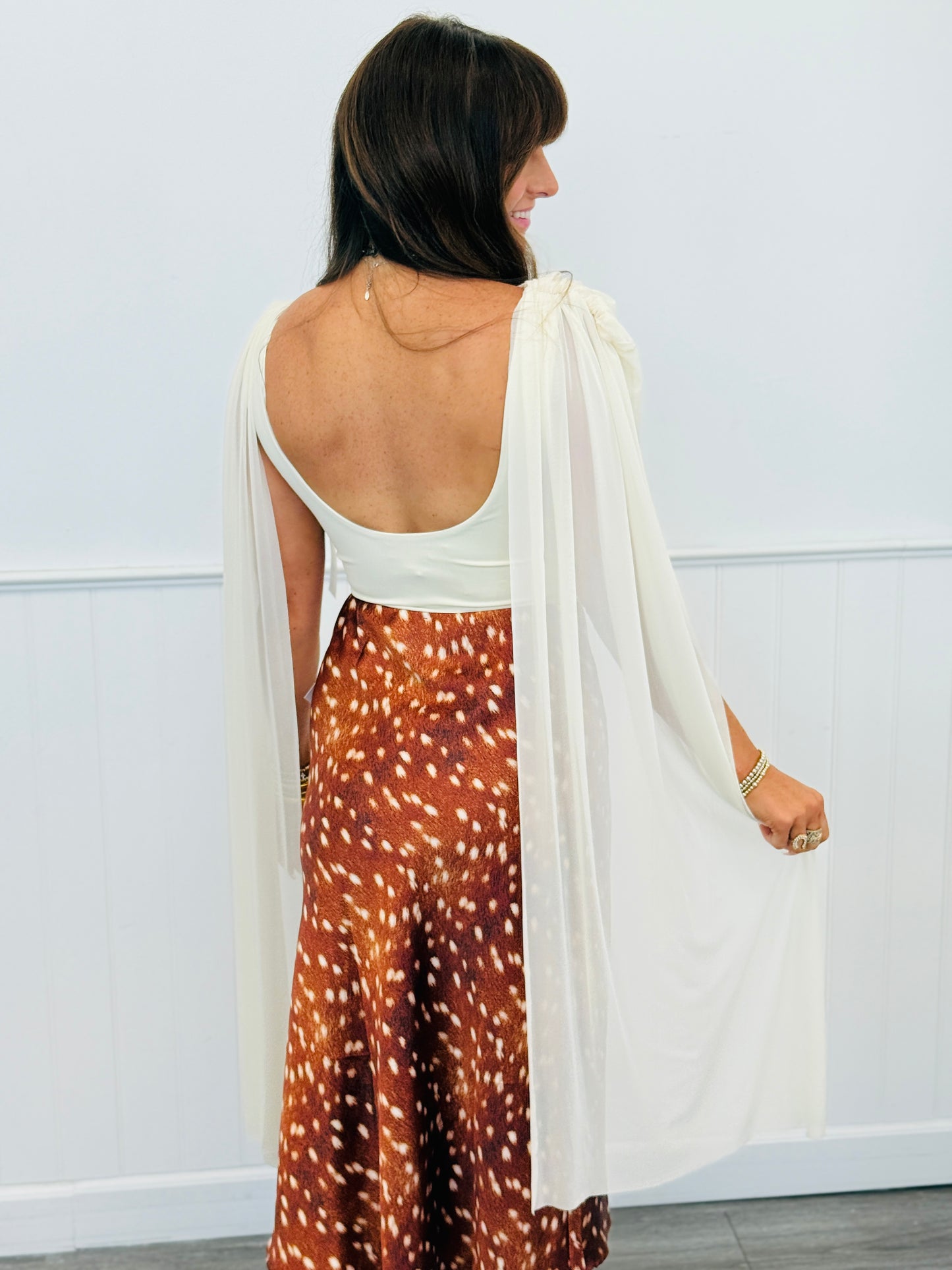 Cream Mesh Draped Cape Bodysuit (Reg.)