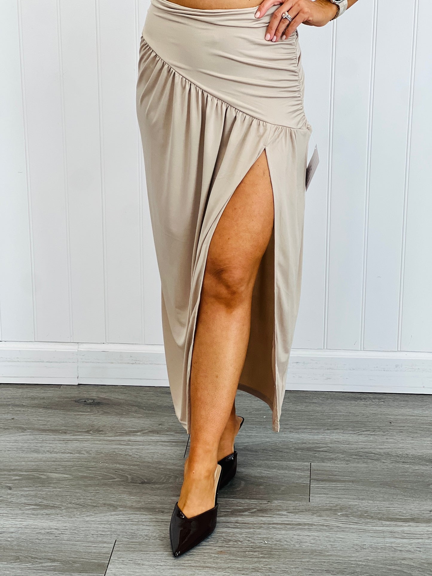 Asymmetric Ruched Knit Maxi Skirt (Reg.)-2 Colors