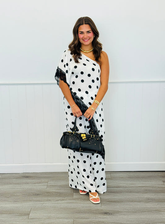White Polka Dot Asymmetrical Top & Pants Set (Reg.)