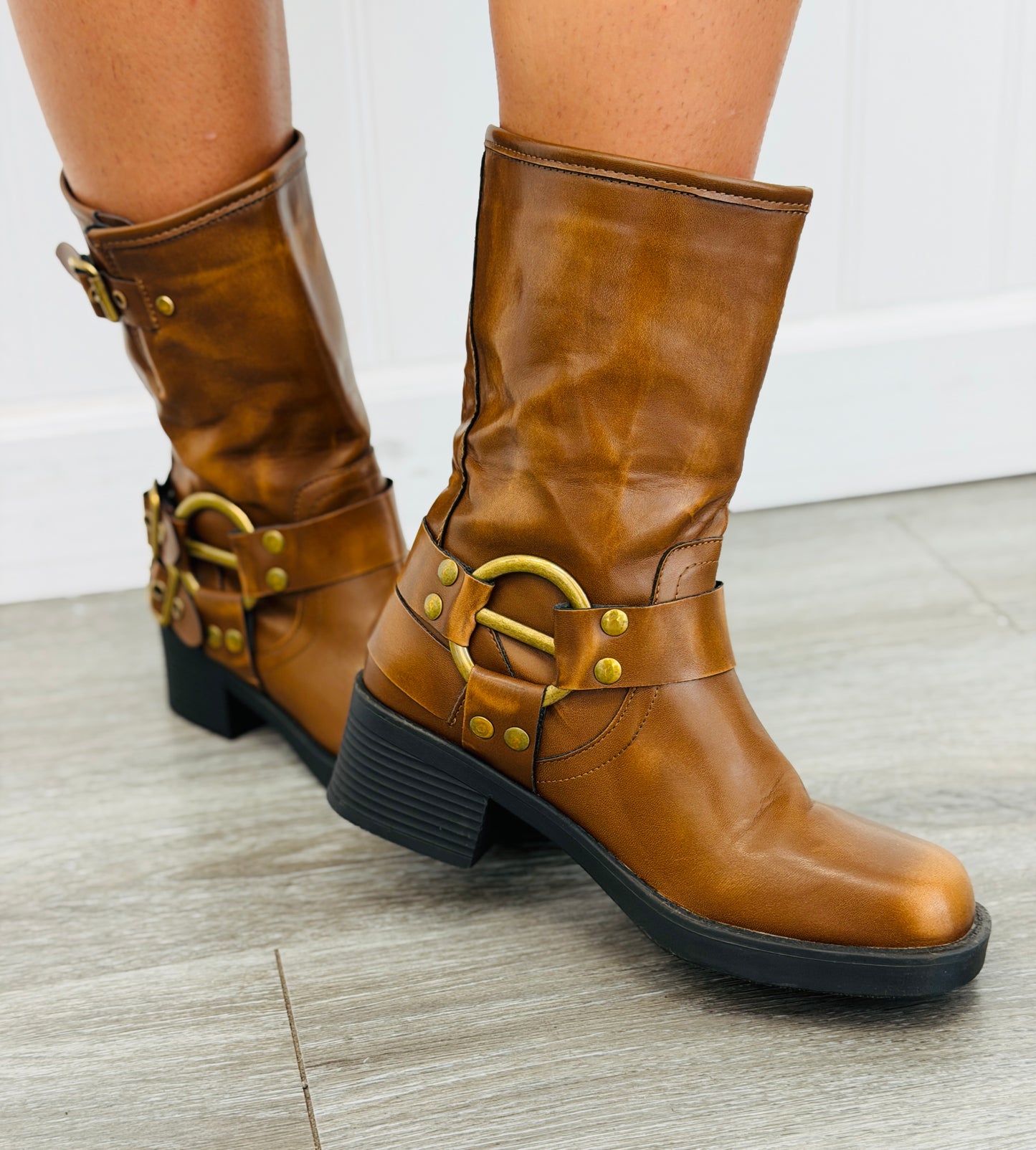 Distressed Camel Buckle Babe Boots