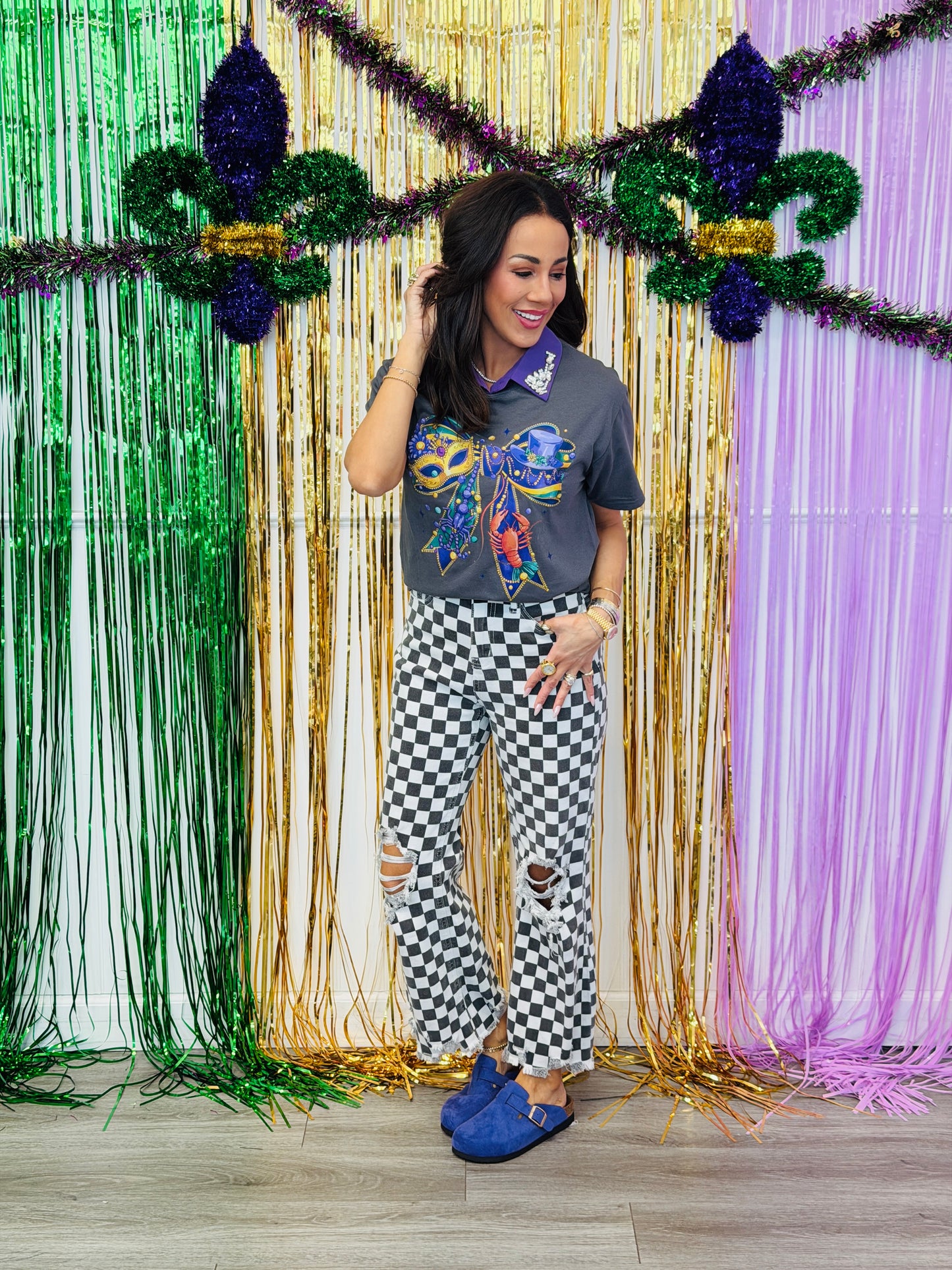 Charcoal Mardi Gras Bow Graphic Tee (Reg. and Plus)