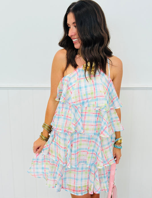 Pastel Plaid Tiered Halter Mini Dress (Reg.)