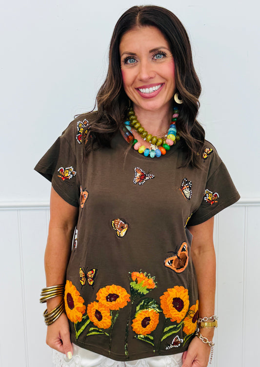 Queen Of Sparkles Brown Beaded Butterfly & Sunflower Tee (Reg. and Plus)