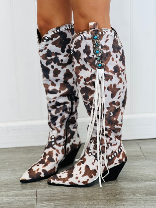 Cow Print High Noon Haze Fringe Boots