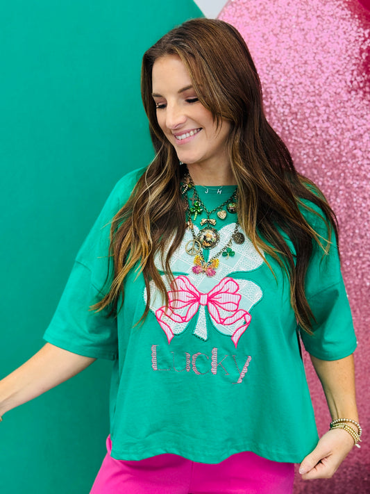Kelly Green Embroidered Lace Lucky Clover Tee (Reg.)
