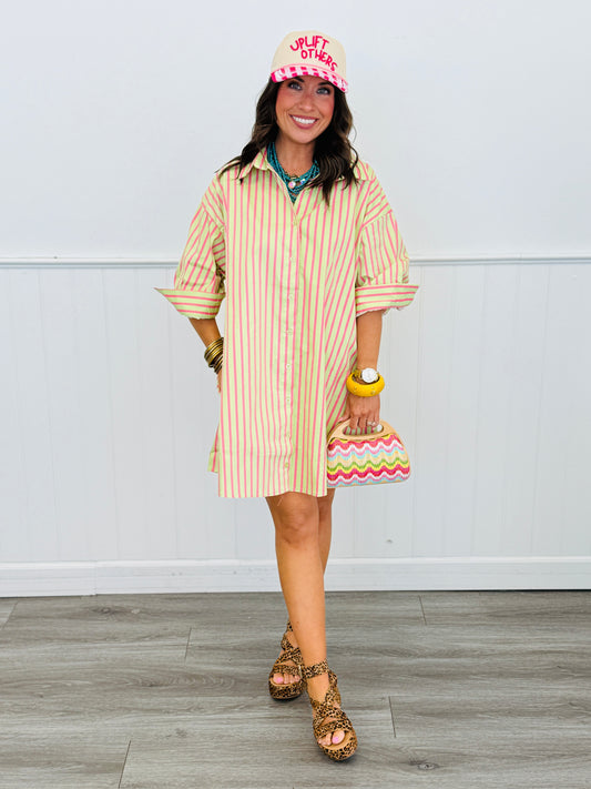 Avocado/Pink Striped Mini Shirt Dress (Reg & Plus)