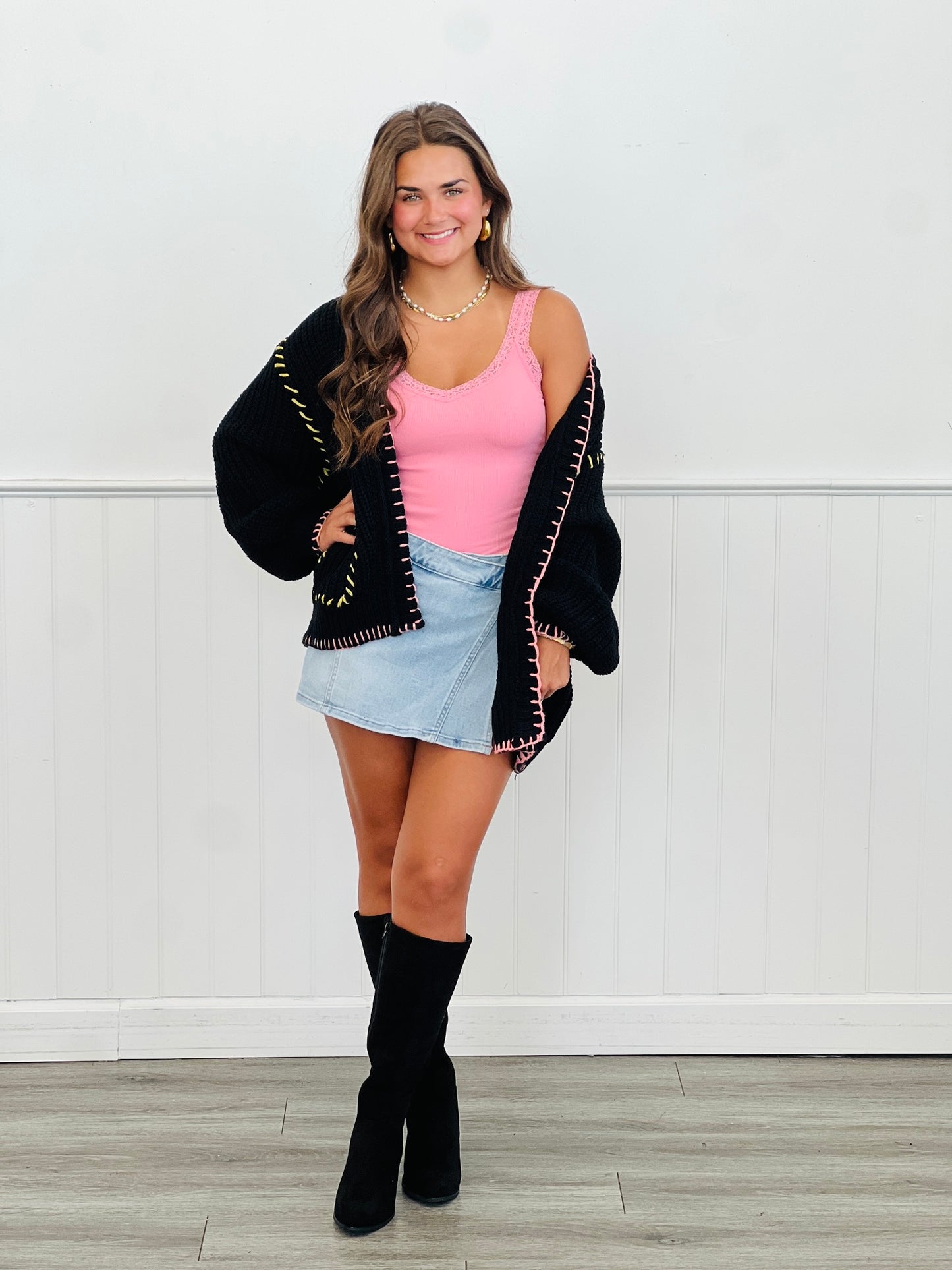 POL Black Whipstitch Sweater Cardigan (Reg.)