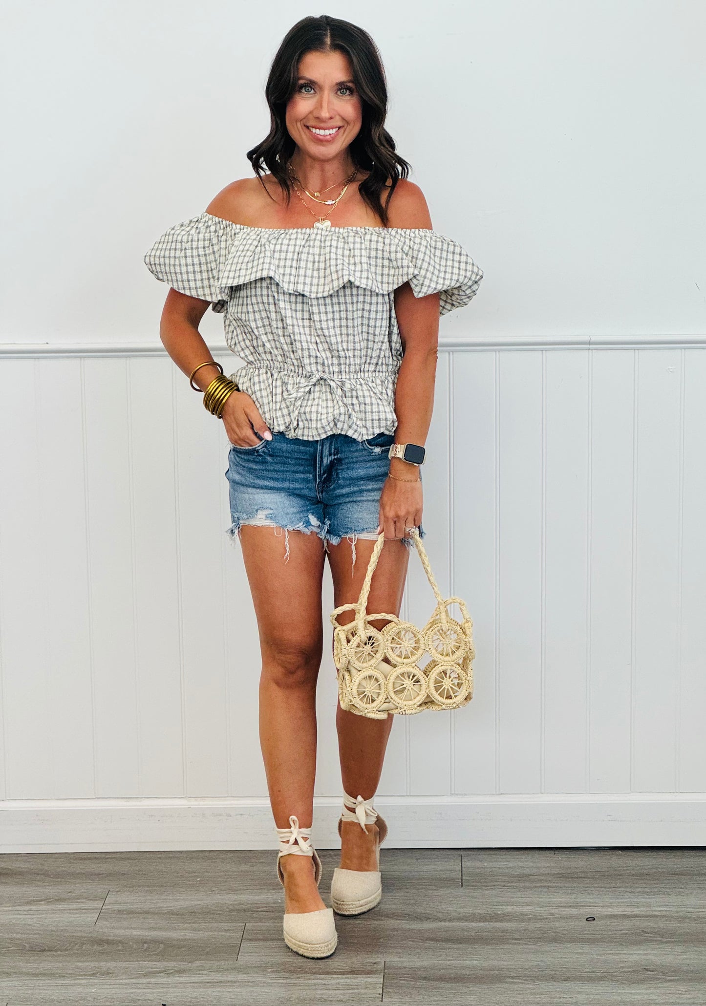 Plaid Off Shoulder Top (Reg.)
