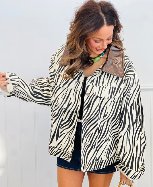 Zebra Print Faux Leather Collar Jacket (Reg.)