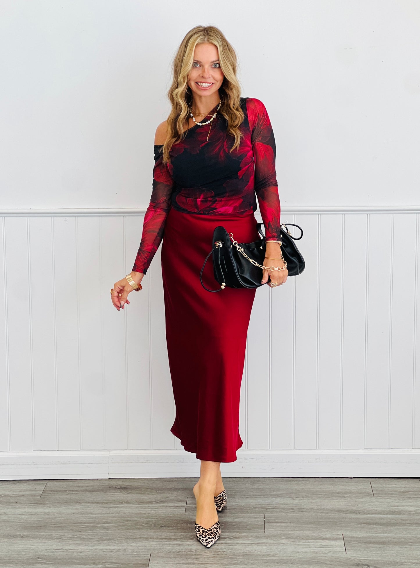 Black/Red Floral One Shoulder Long Sleeve Top (Reg.)