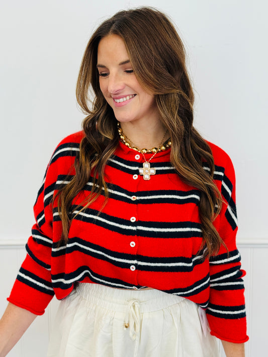 Gigi Tomato Red Striped Cardigan (Reg.)
