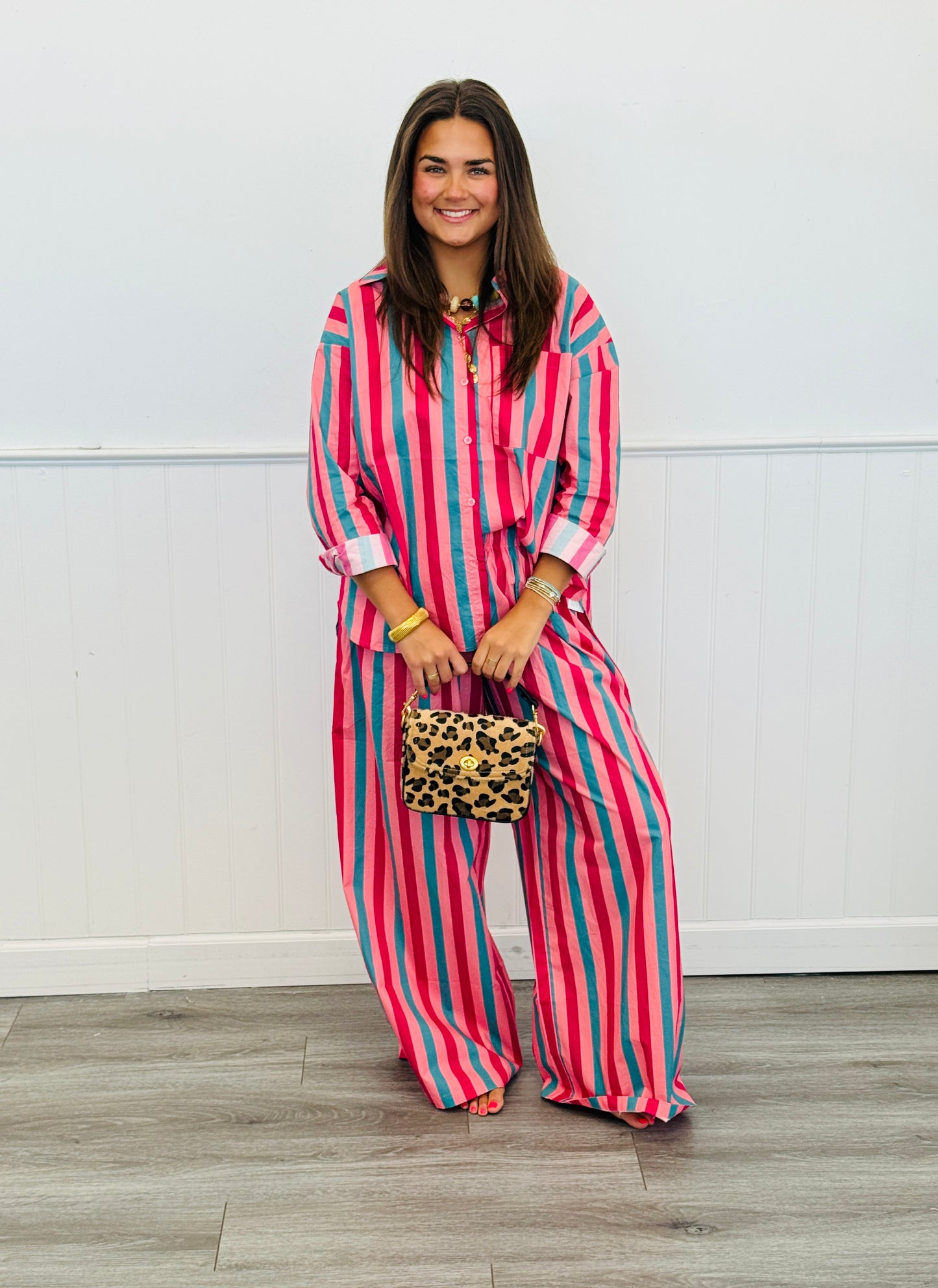 Pink Teal Striped Wide Leg Pants (Reg & Plus)