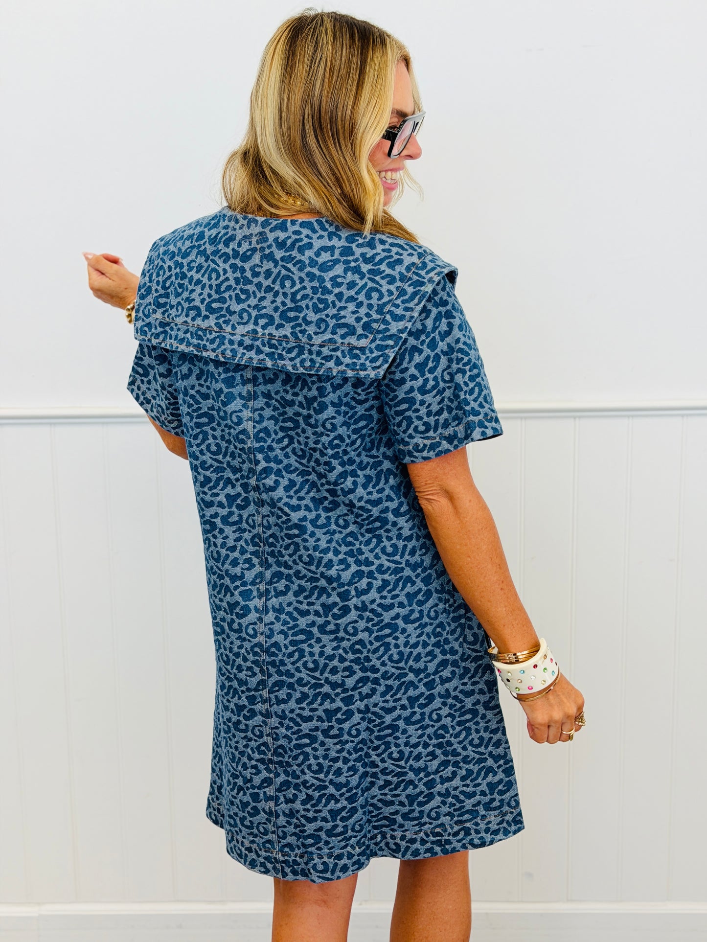 Denim Leopard Sailor Collar Mini Dress (Reg.)