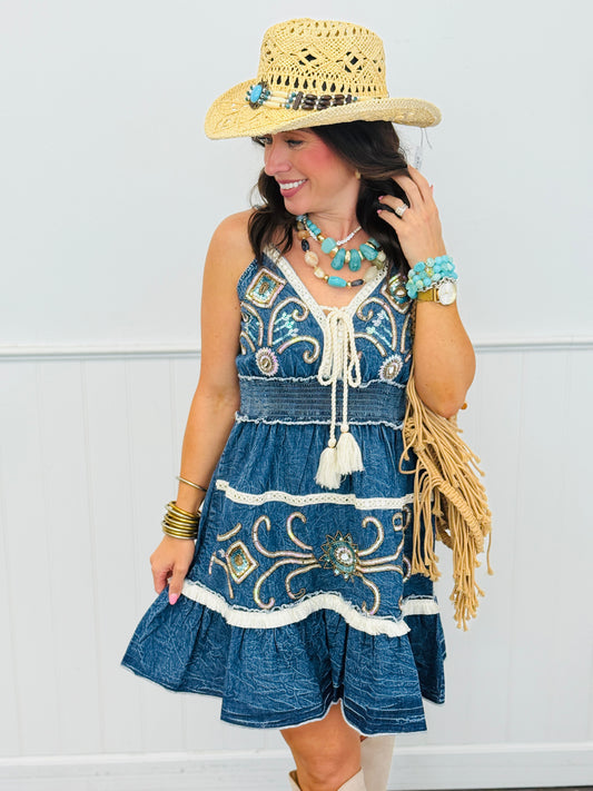 POL Deep Denim Embroidered Mini Dress (Reg.)