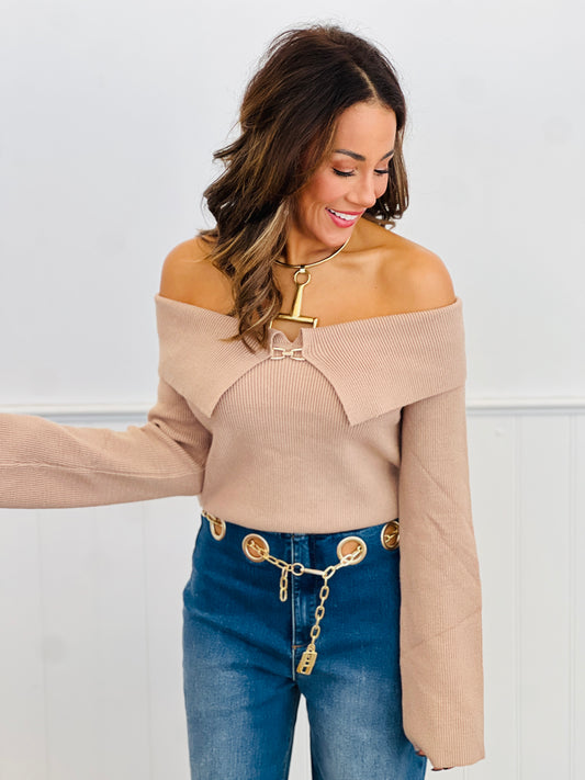 Taupe Shawl Collar Sweater Top (Reg & Plus)