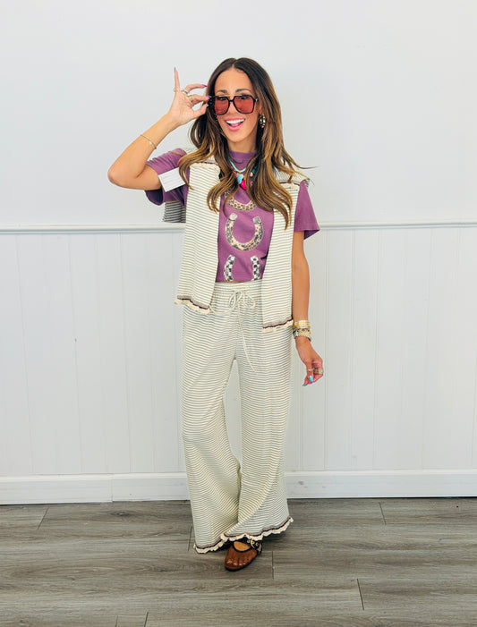 Cream/Brown Striped Ruffled Hem Pants (Reg & Plus)